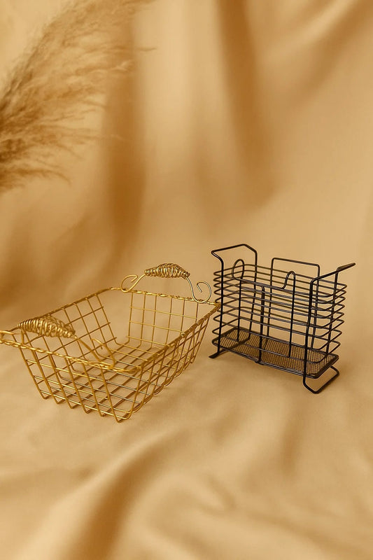 Elegant Metal Wire Storage Baskets – Gold & Black